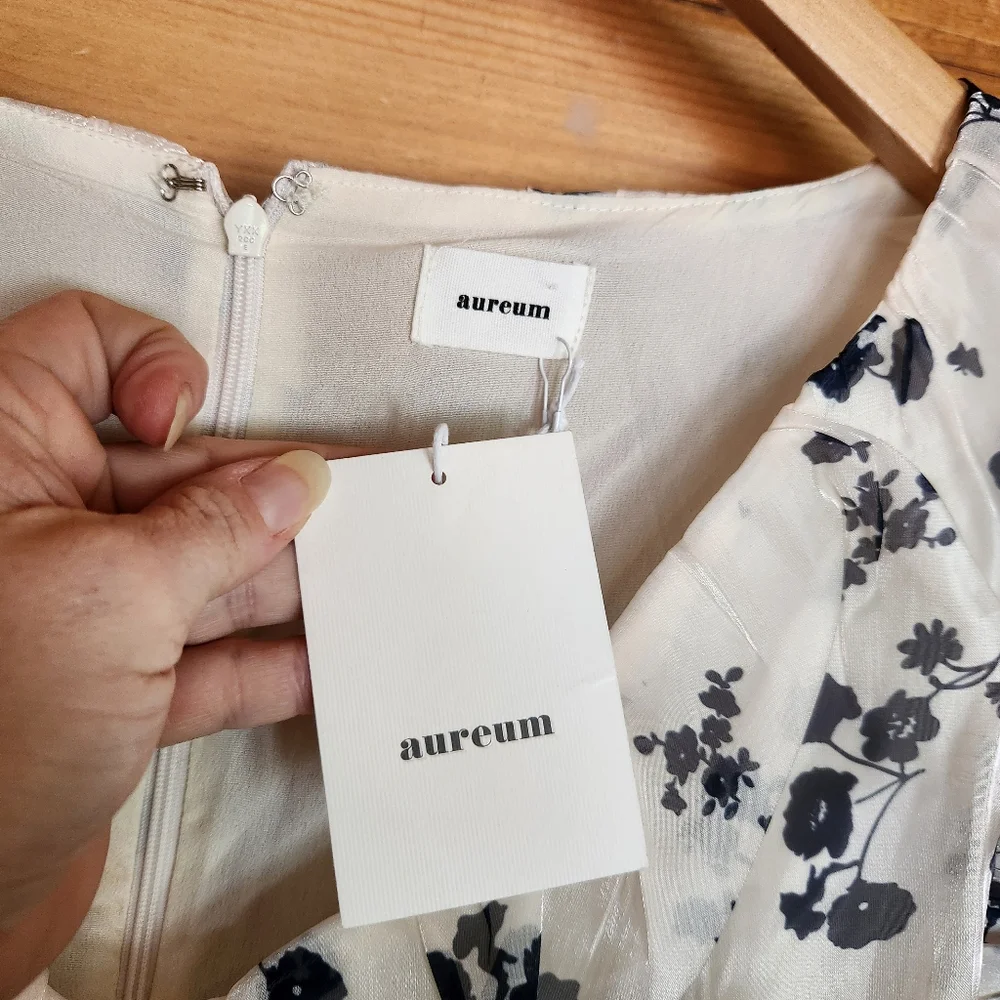 Aureum NWT Floral Organza Puff Pleated Ruffle Sleeves Stretch Chiffon Dress Sz M